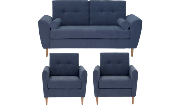 Set Sofa 3 seater + 2 Armchairs Blue TOBIAS